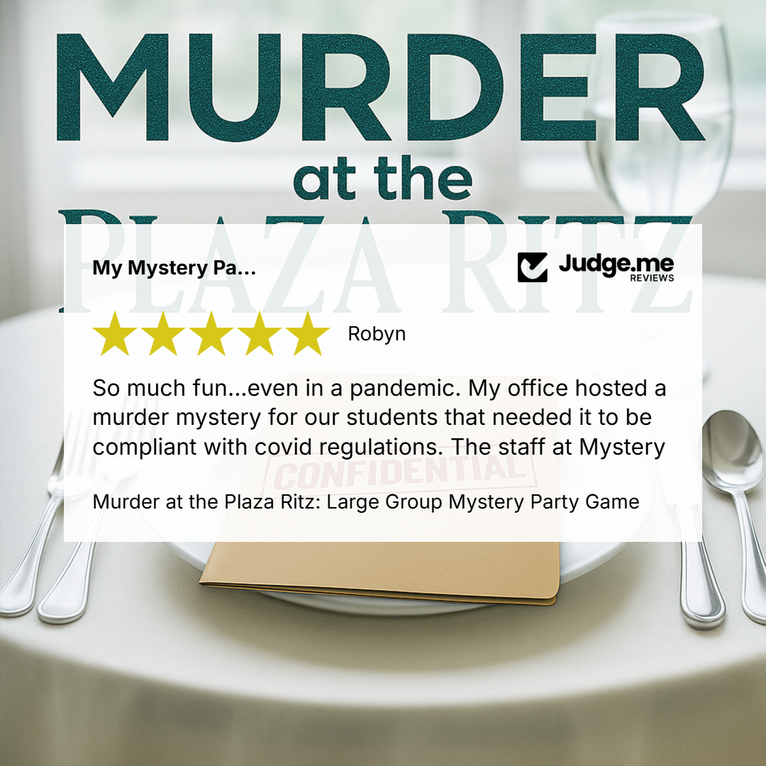 Promotional graphic for a 'Murder at the Plaza Ritz' large group mystery party game, featuring a 5-star customer review on a blurred dining table background with a glass, silverware, and a napkin.