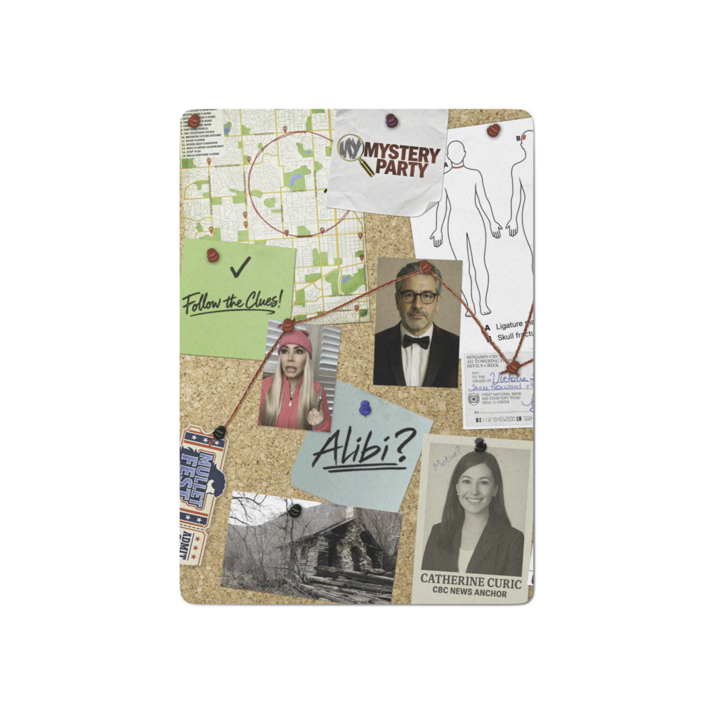 Deck of cards with a crime scene cork board on the back