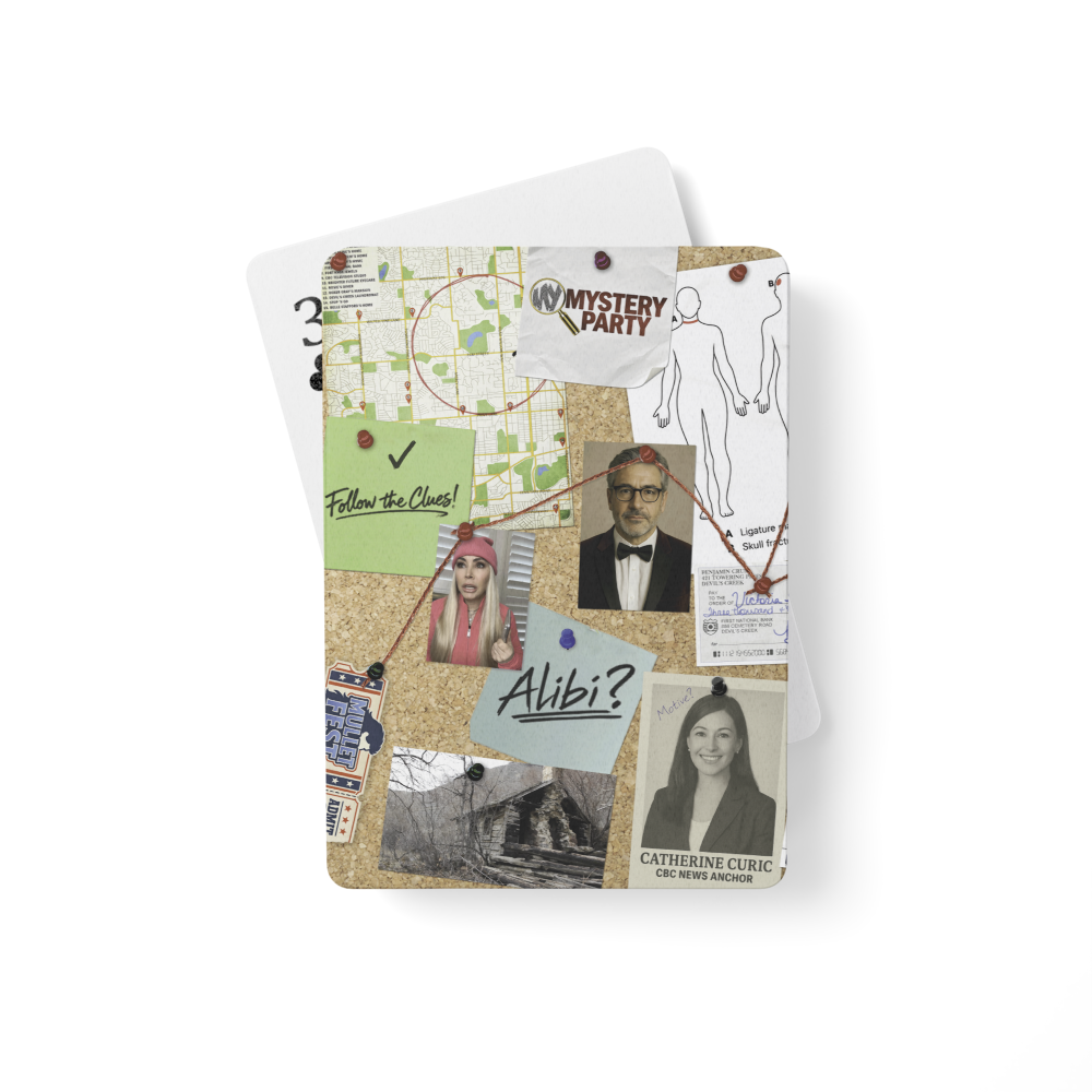 Deck of cards with a crime scene cork board on the back, showing the 3 of clubs