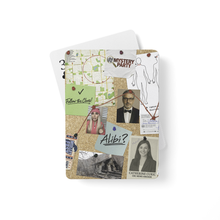 Deck of cards with a crime scene cork board on the back, showing the 3 of clubs