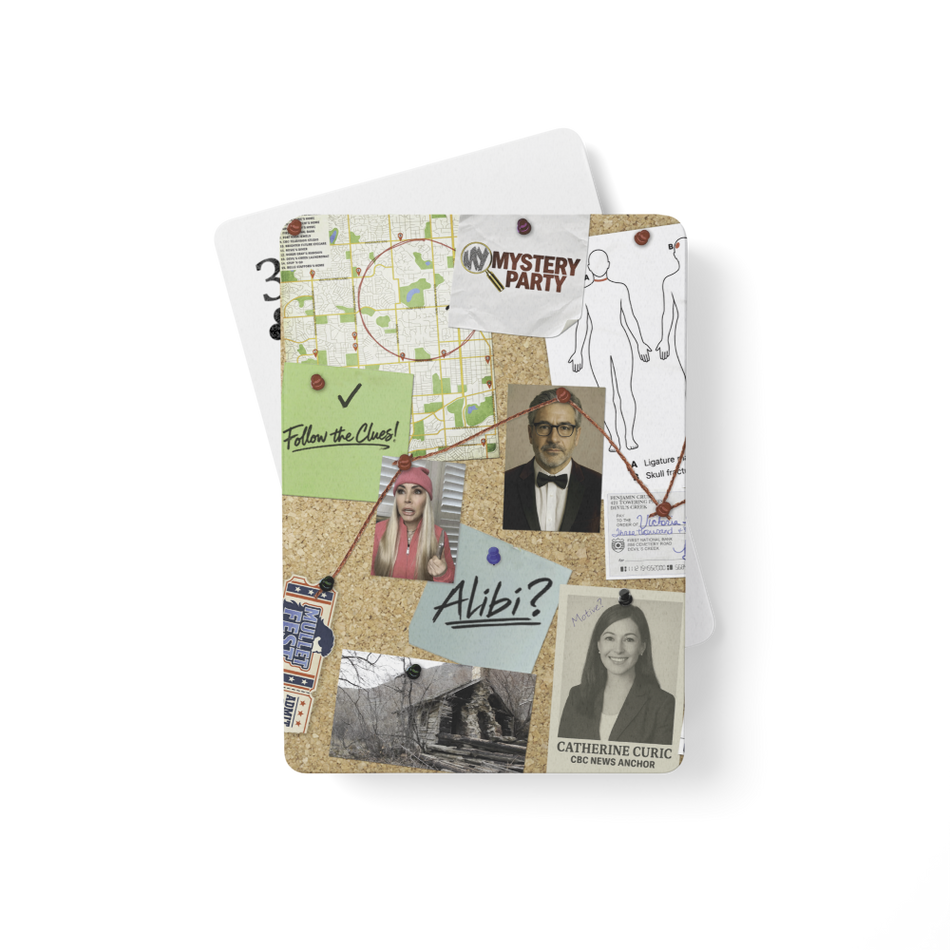 Deck of cards with a crime scene cork board on the back, showing the 3 of clubs