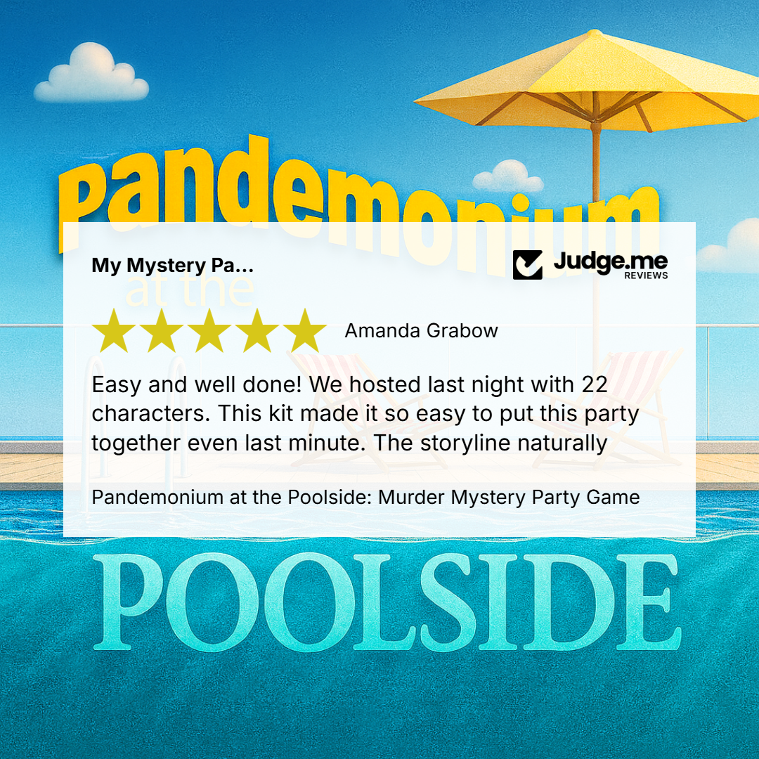 Promotional graphic for 'Pandemonium at the Poolside: Murder Mystery Party Game' featuring a white review card with a 5-star rating and review text from Amanda Grabbow, set against a sunny poolside background with a yellow umbrella and blue water.