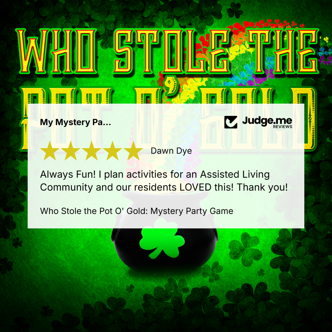 A digital review card for the 'Who Stole the Pot O' Gold: Mystery Party Game' by Judge.me Reviews, set against a festive green St.