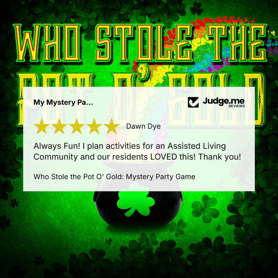 A digital review card for the 'Who Stole the Pot O' Gold: Mystery Party Game' by Judge.me Reviews, set against a festive green St.