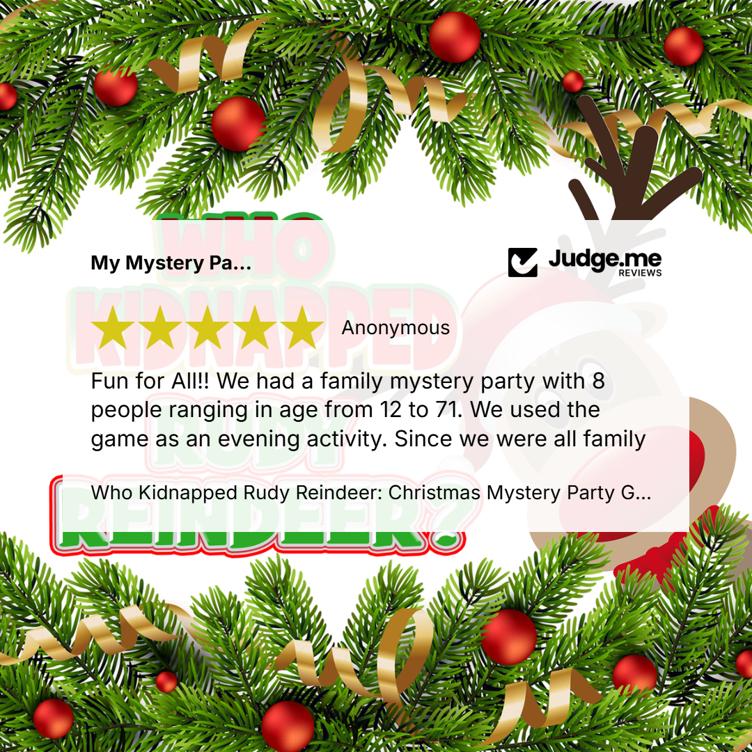 A festive Christmas-themed promotional graphic with pine branches, red ornaments, and gold ribbons framing a review section for a party game. The text includes a star rating and a customer review mentioning 'Who Kidnapped Rudy Reindeer: Christmas Mystery Party G.