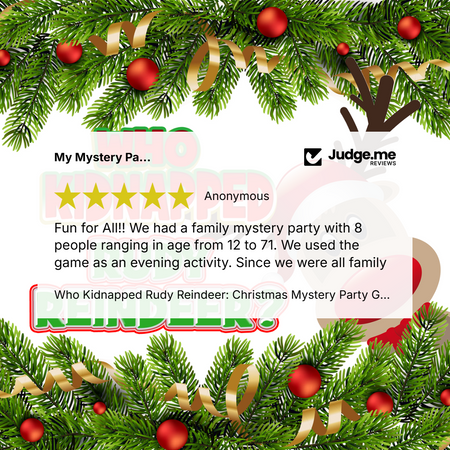 A festive Christmas-themed promotional graphic with pine branches, red ornaments, and gold ribbons framing a review section for a party game. The text includes a star rating and a customer review mentioning 'Who Kidnapped Rudy Reindeer: Christmas Mystery Party G.