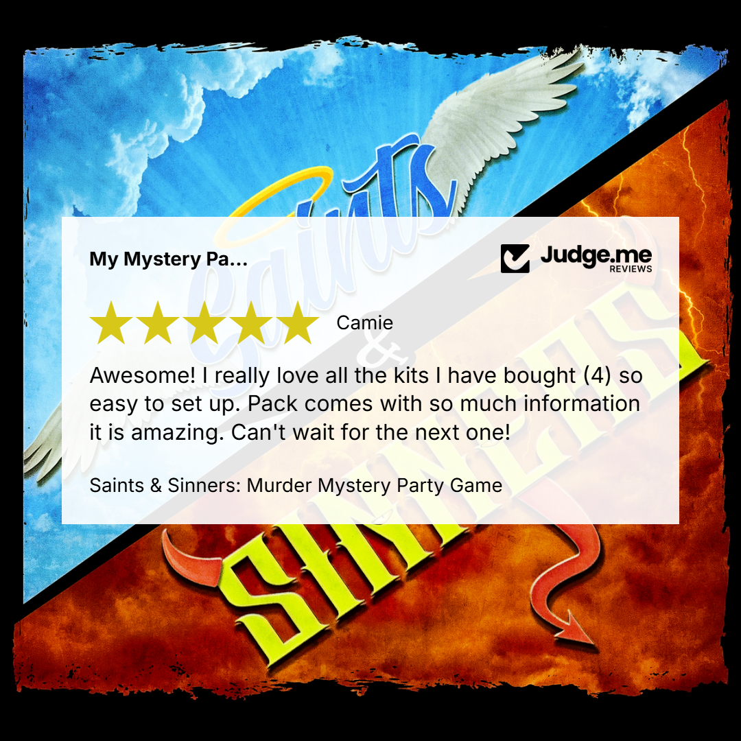 A promotional graphic for the 'Saints & Sinners: Murder Mystery Party Game' by Judge.me, featuring a white review card with a customer testimonial over a dramatic background split between blue sky with white wings and orange flames with yellow text.
