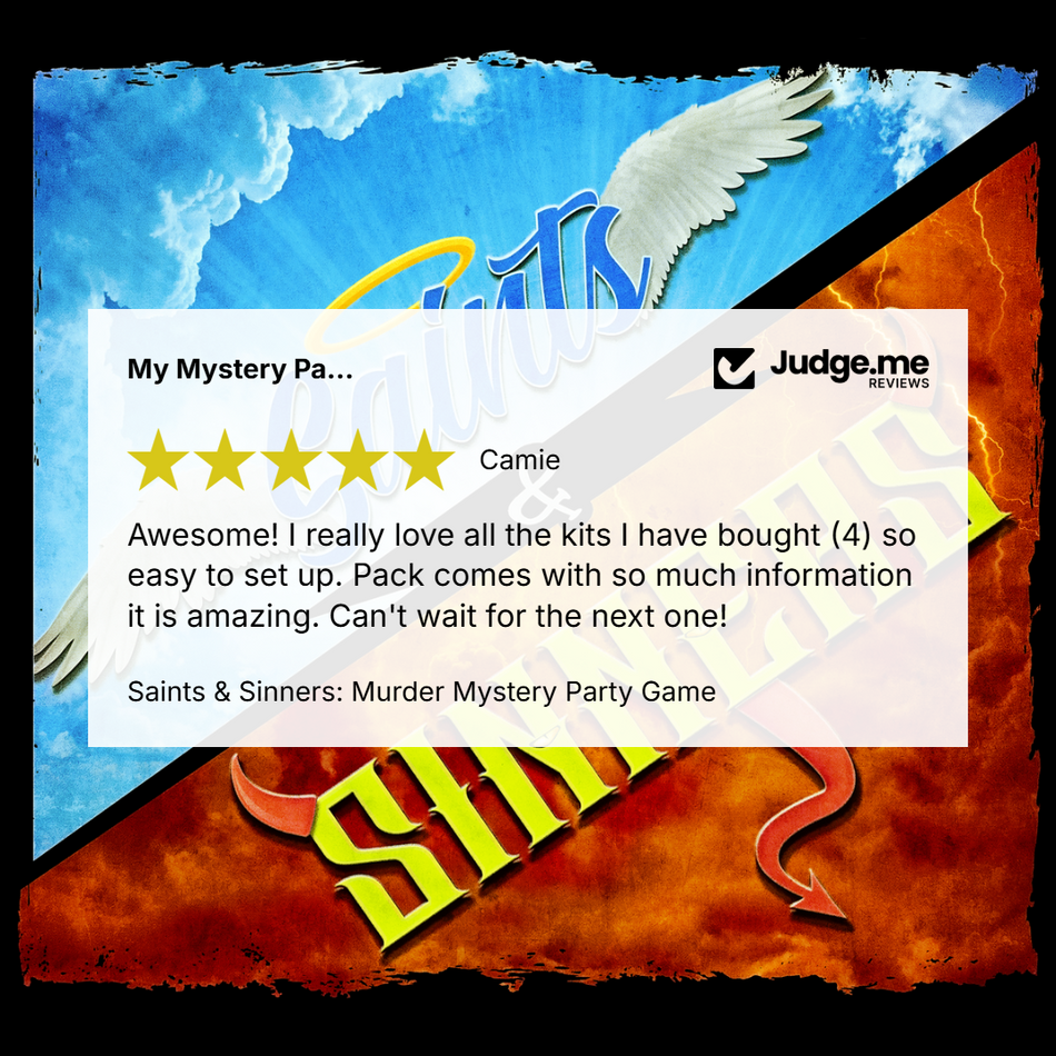 A promotional graphic for the 'Saints & Sinners: Murder Mystery Party Game' by Judge.me, featuring a white review card with a customer testimonial over a dramatic background split between blue sky with white wings and orange flames with yellow text.