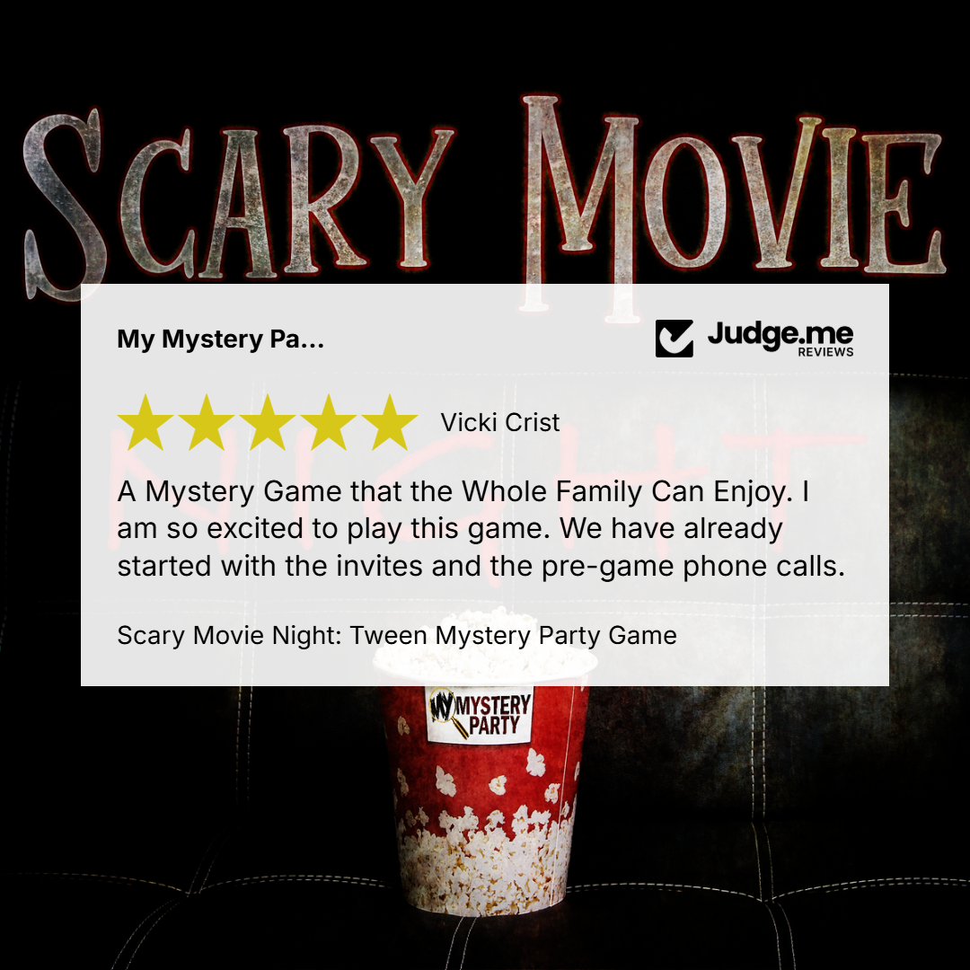 A promotional graphic for a 'Scary Movie' themed mystery party game. It features a white text box with a customer review from 'Vicki Crist' on a black leather couch background, with a red and white popcorn cup labeled 'MYSTERY PARTY' at the bottom.