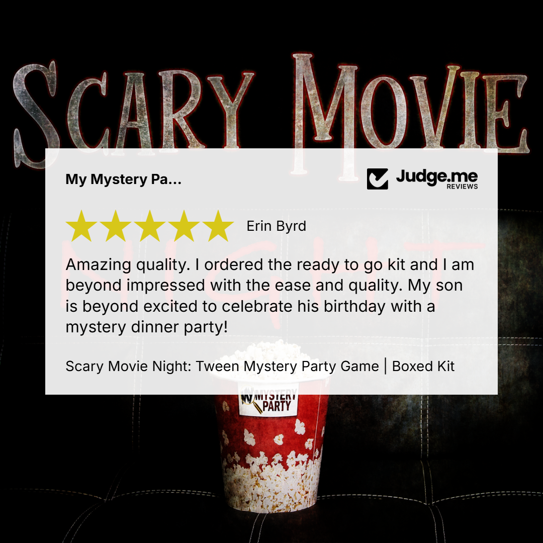 A promotional graphic for a 'Scary Movie Night: Tween Mystery Party Game | Boxed Kit' featuring a customer review from Judge.me.
