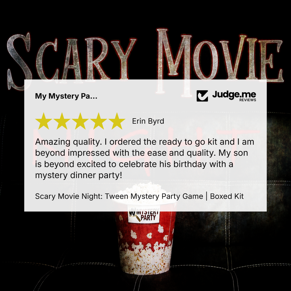 A promotional graphic for a 'Scary Movie Night: Tween Mystery Party Game | Boxed Kit' featuring a customer review from Judge.me.