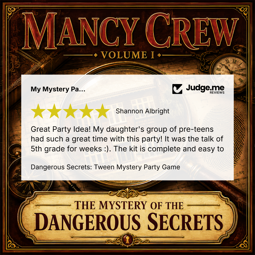 Promotional graphic for 'Mancy Crew Volume I: The Mystery of the Dangerous Secrets' party game, featuring a vintage-style brown and gold illustrated background with a central white review card showing a positive customer review from Judge.me.