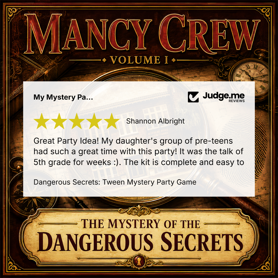 Promotional graphic for 'Mancy Crew Volume I: The Mystery of the Dangerous Secrets' party game, featuring a vintage-style brown and gold illustrated background with a central white review card showing a positive customer review from Judge.me.