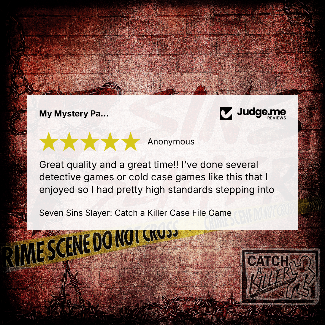 A review card for the game 'Seven Sins Slayer: Catch a Killer Case File Game' displayed against a textured brick wall background with caution tape and barbed wire. The review is written by an anonymous player and features a Judge.