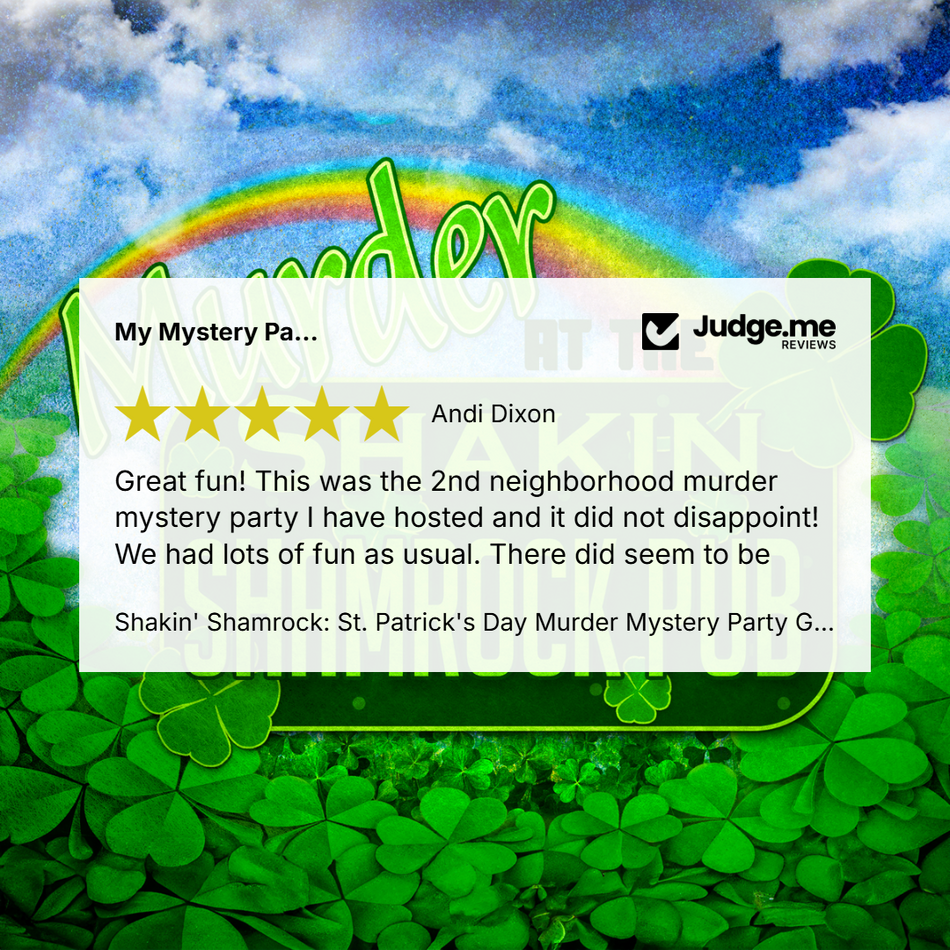 A review card for a St. Patrick's Day mystery party overlaid on a themed background of green shamrocks, a rainbow, and a blue sky with clouds.
