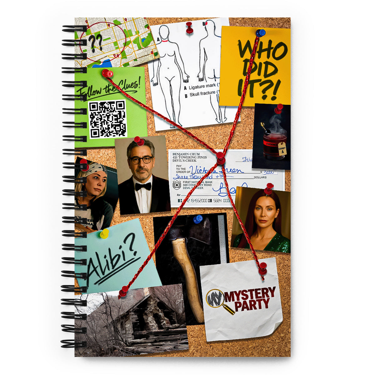 Product mockup of a detective corkboard spiral notebook
