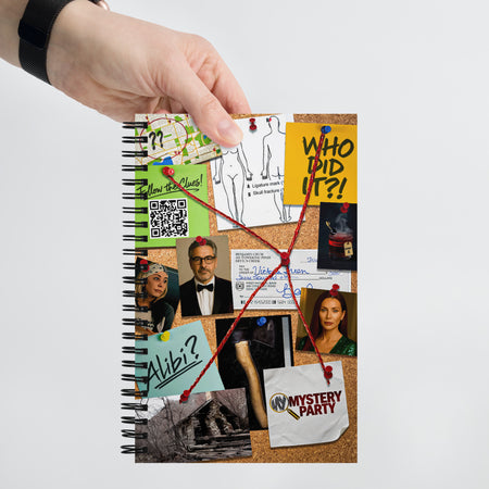 Product mockup of a detective corkboard spiral notebook