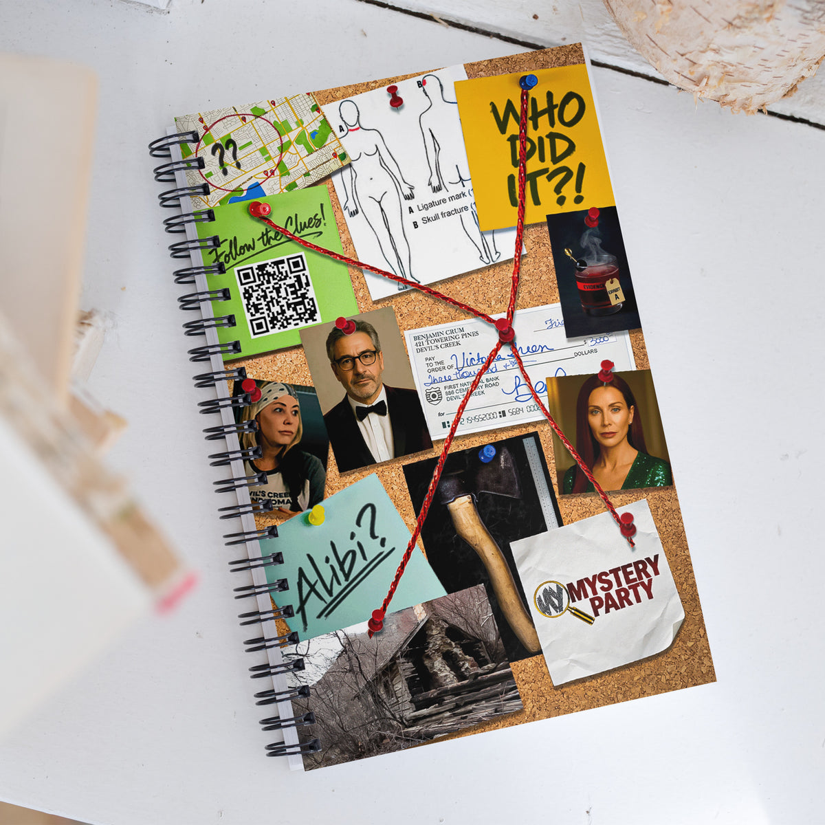 Product mockup of a detective corkboard spiral notebook on a desk