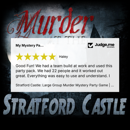 Promotional graphic for a Stratford Castle large group murder mystery party game, featuring a central white review card with a five-star rating and a Judge.me Reviews logo, set against a dark textured background with red 'Murder' lettering and gray 'STRATFORD CASTLE' text.