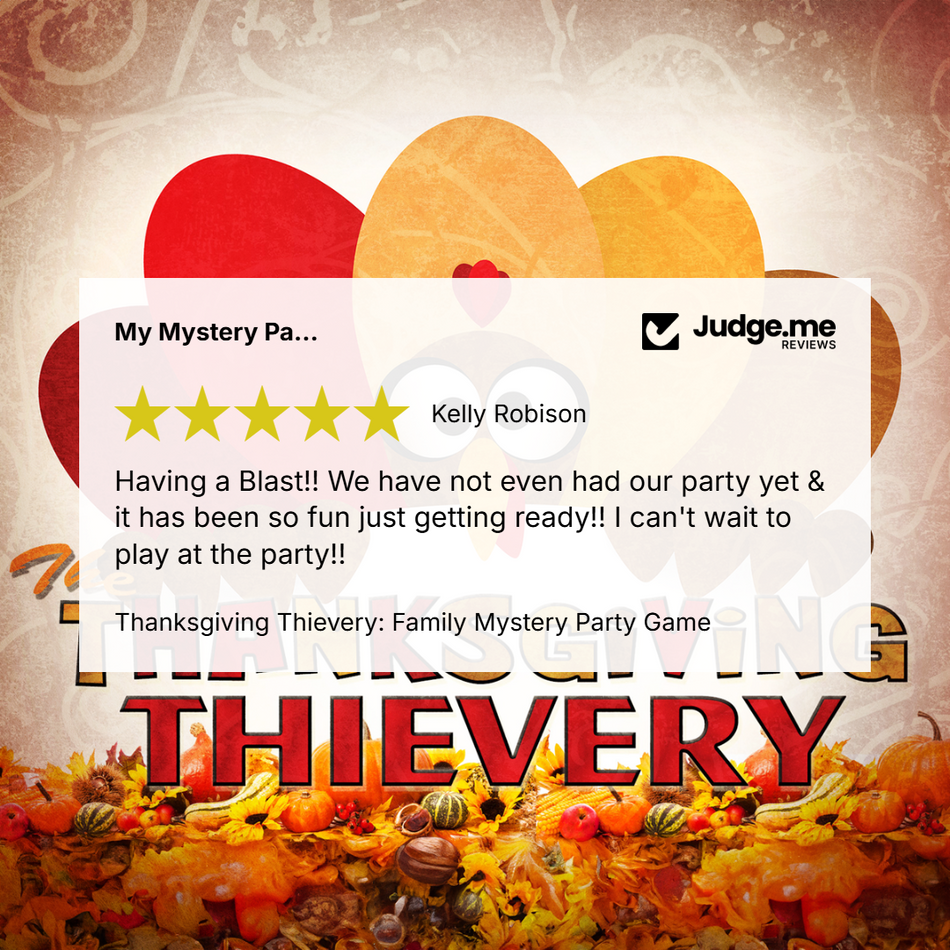A promotional graphic for the Thanksgiving Thievery family mystery party game, featuring a large white review card with a 5-star rating and customer testimonial from Kelly Robison, set against a festive autumn background with hearts and fall leaves.