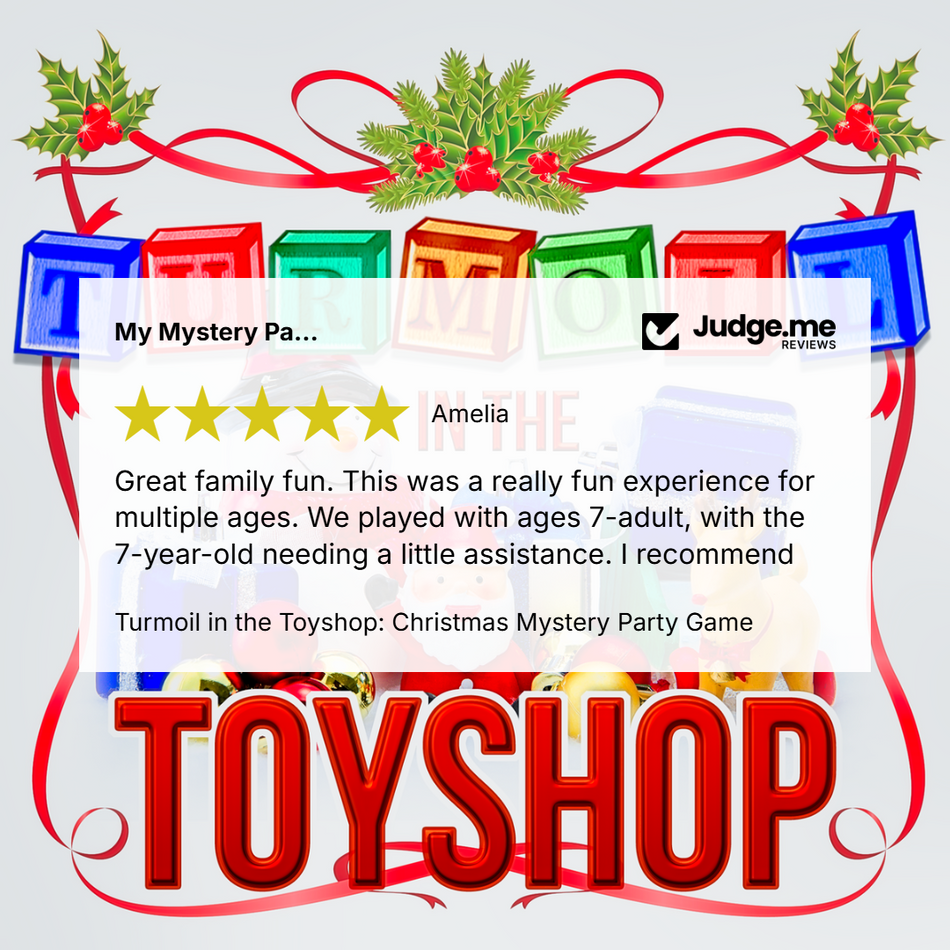 A festive product graphic for a 'My Mystery Party' review - 5 Stars for Turmoil in the Toyshop, Christmas family mystery party