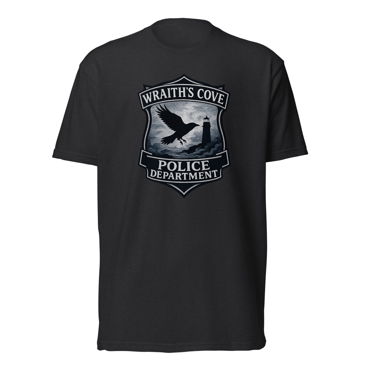 Poe's Raven Party murder mystery party game graphic tee of Wraith's Cove police department.