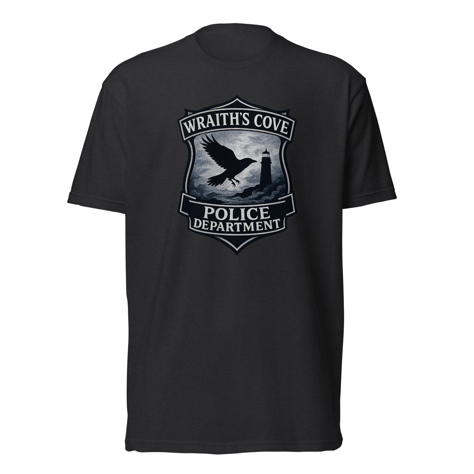Poe's Raven Party murder mystery party game graphic tee of Wraith's Cove police department.