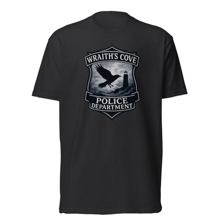 Poe's Raven Party murder mystery party game graphic tee of Wraith's Cove police department.