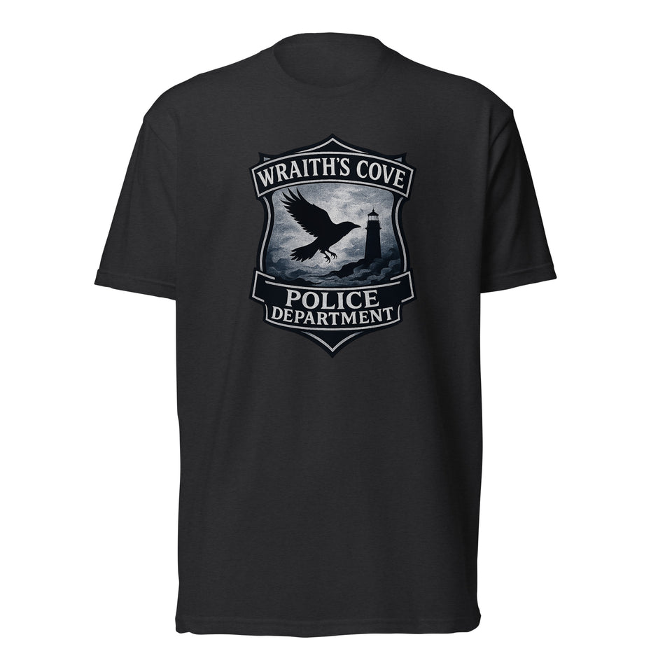 Poe's Raven Party murder mystery party game graphic tee of Wraith's Cove police department.