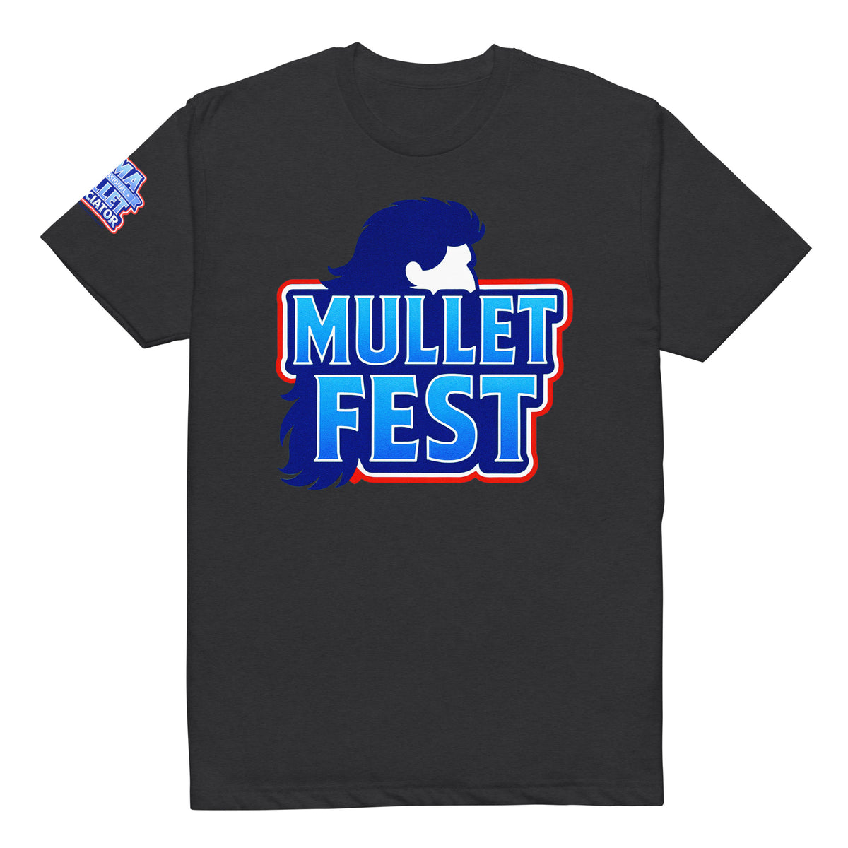 Product mockup of the mullet fest t-shirt with a mullet fest graphic on the front