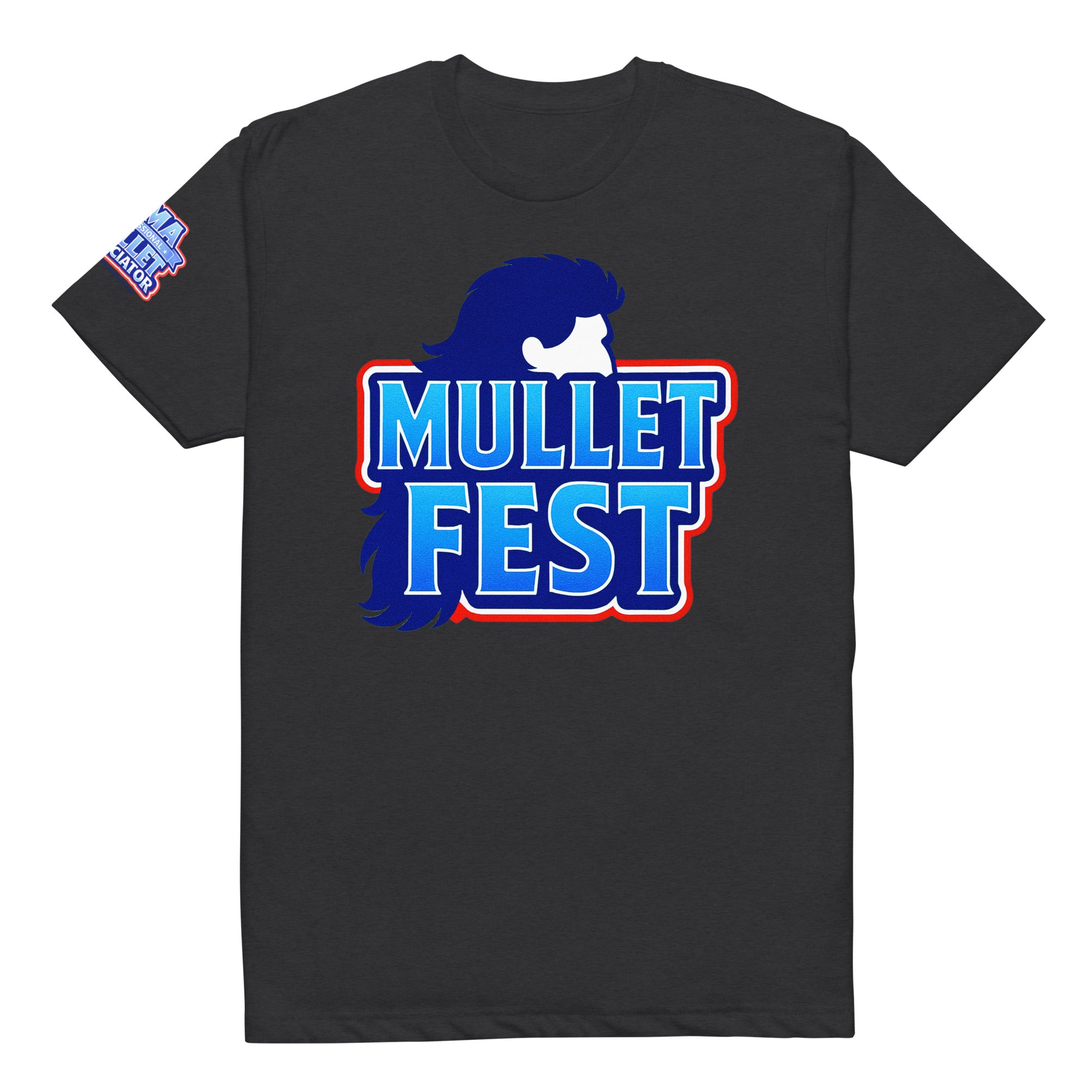 Product mockup of the mullet fest t-shirt with a mullet fest graphic on the front