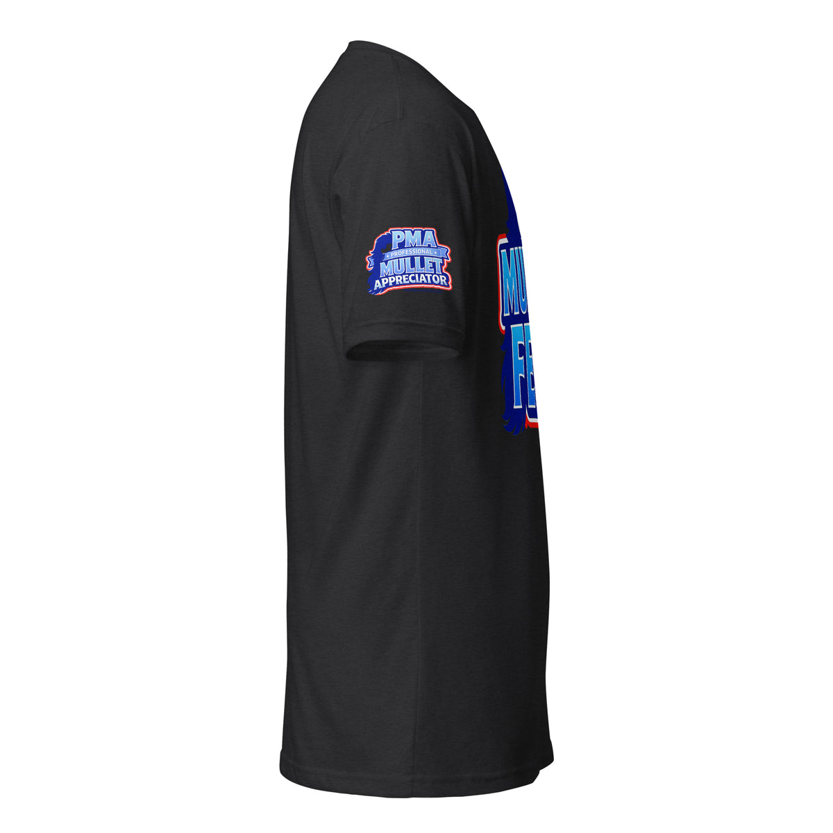 Product mockup of the mullet fest t-shirt on the right sleeve where it says PMA professional mullet appreciator