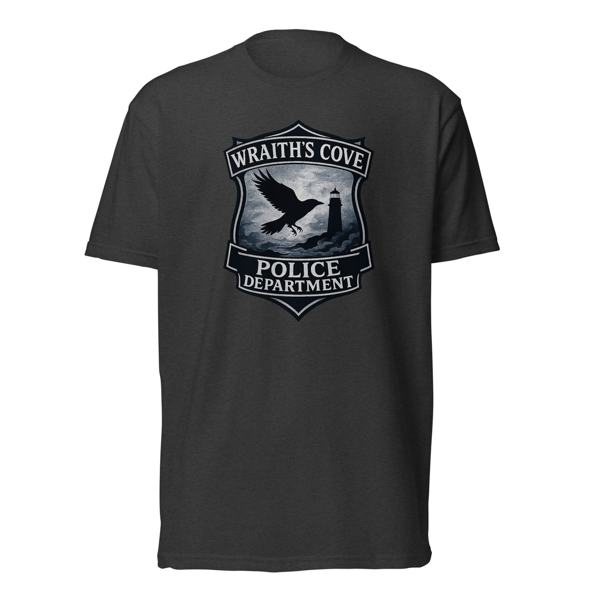 Poe's Raven Party murder mystery party game graphic tee of Wraith's Cove police department.