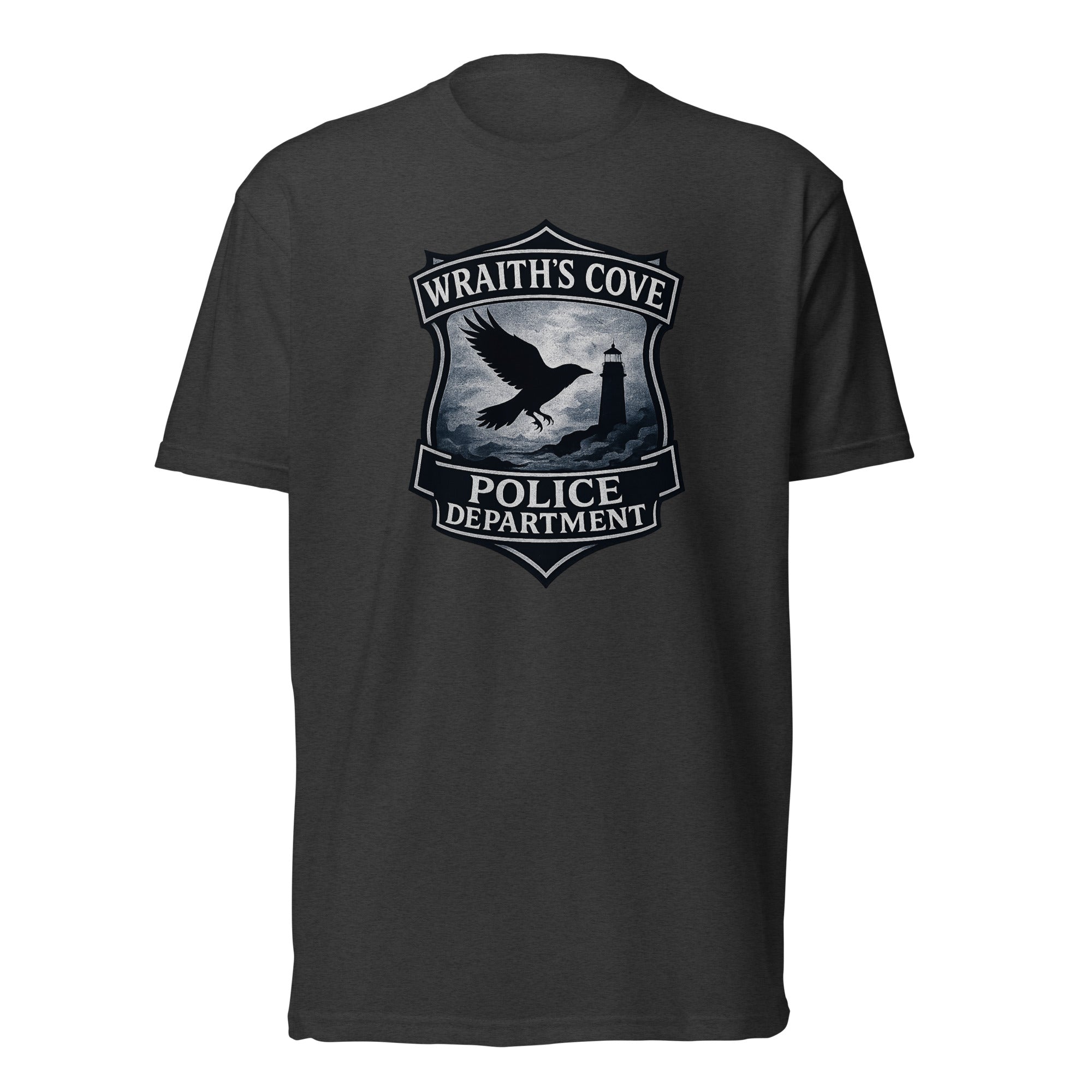 Poe's Raven Party murder mystery party game graphic tee of Wraith's Cove police department.