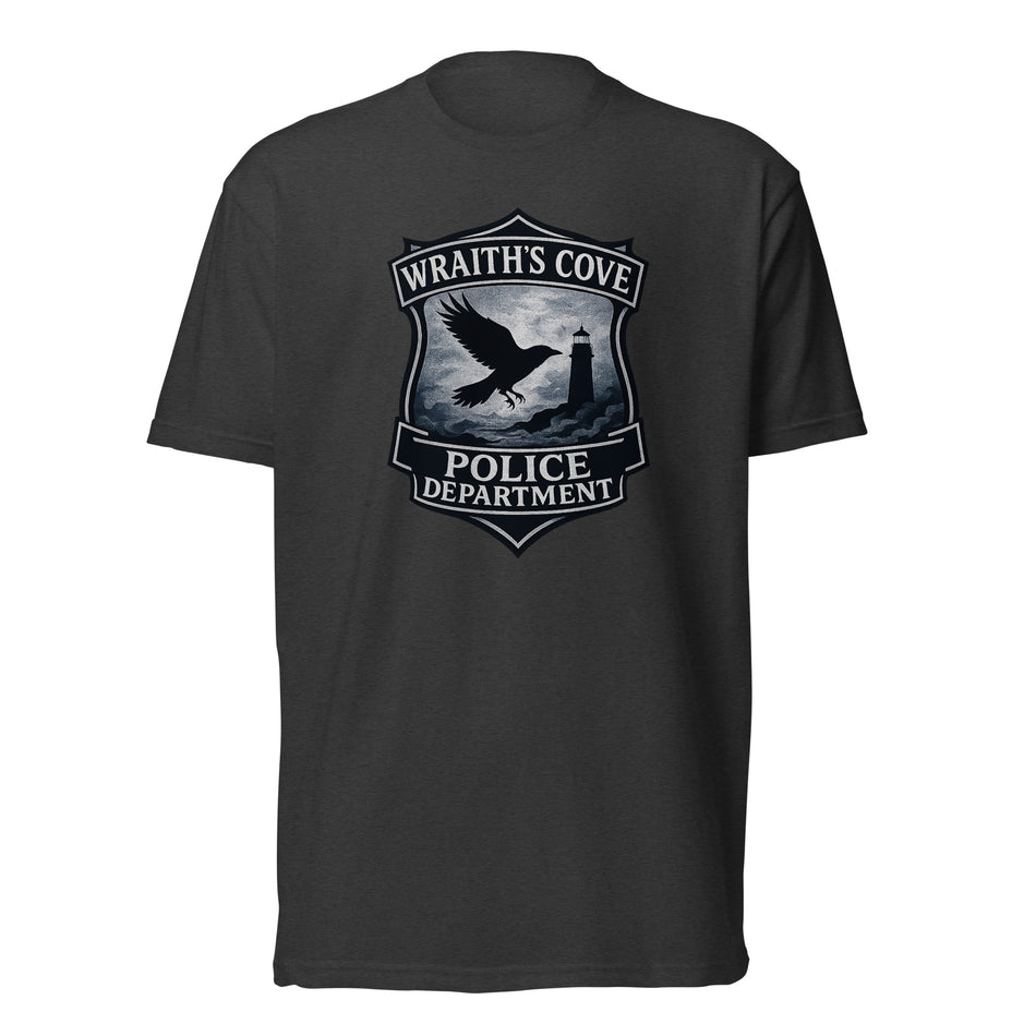 Poe's Raven Party murder mystery party game graphic tee of Wraith's Cove police department.