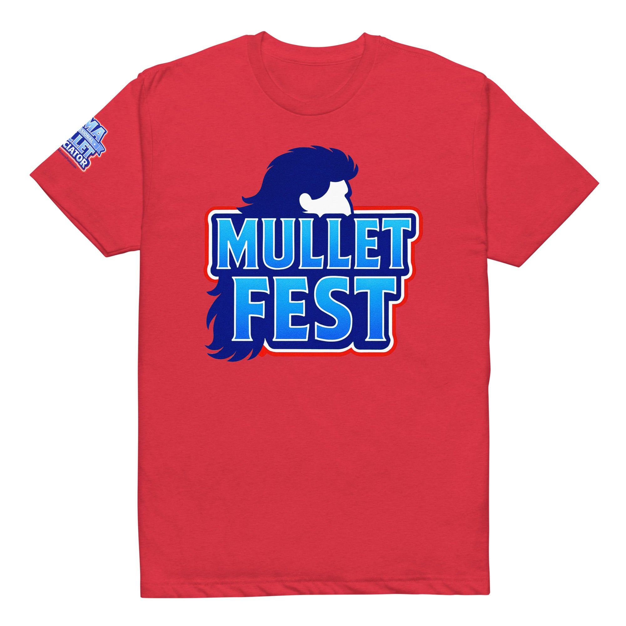 Product mockup of the mullet fest t-shirt with a mullet fest graphic on the front