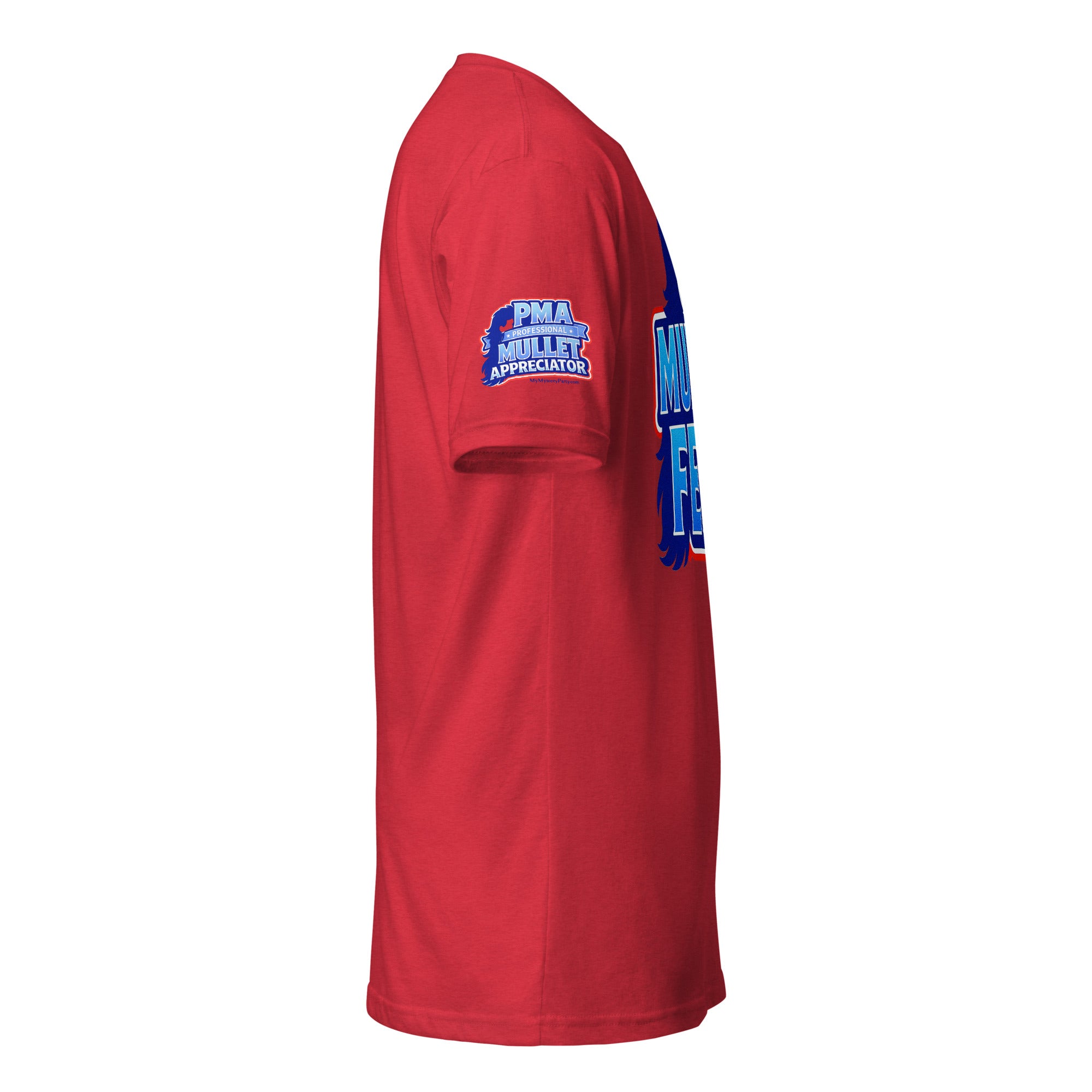 Product mockup of the mullet fest t-shirt on the right sleeve where it says PMA professional mullet appreciator