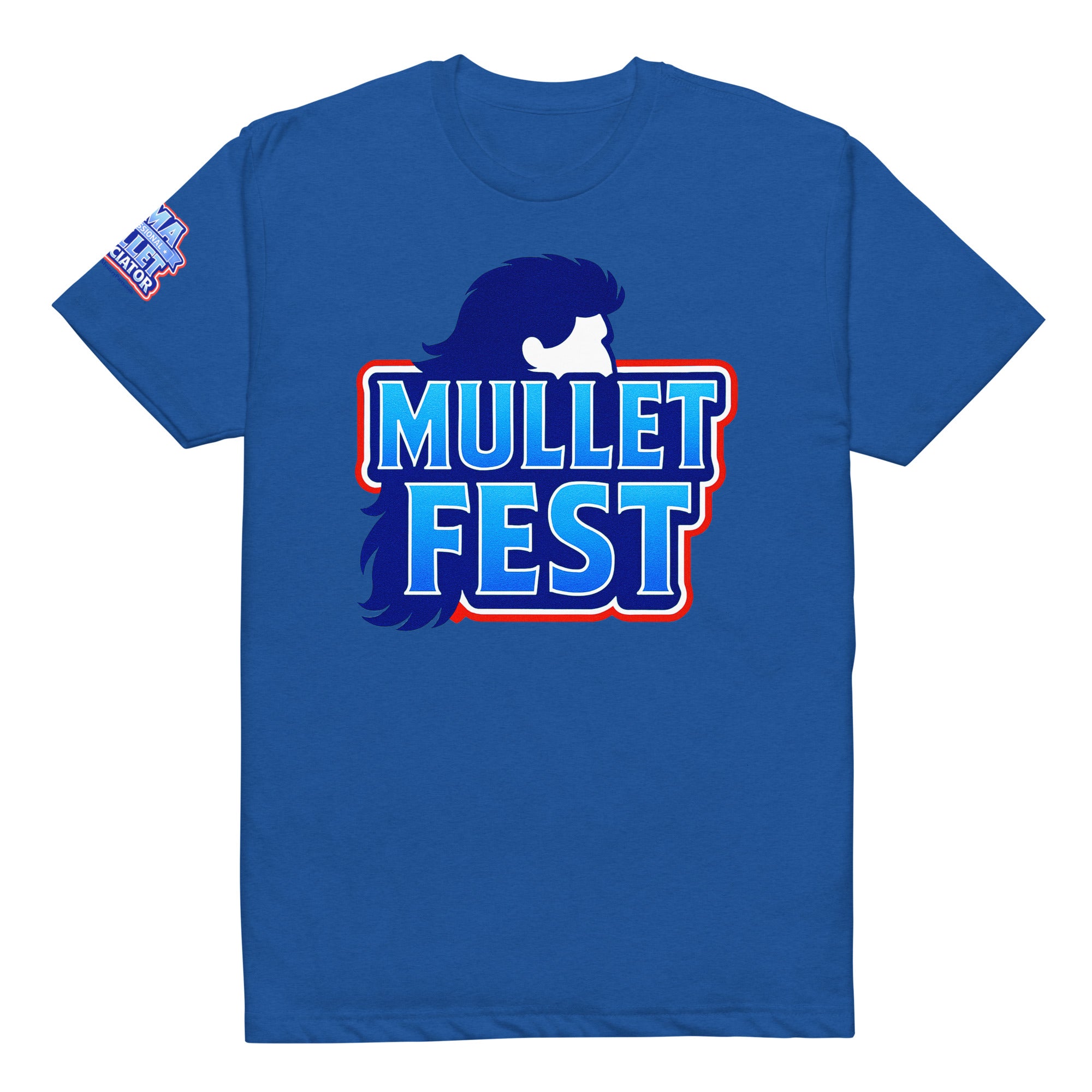 Product mockup of the mullet fest t-shirt with a mullet fest graphic on the front