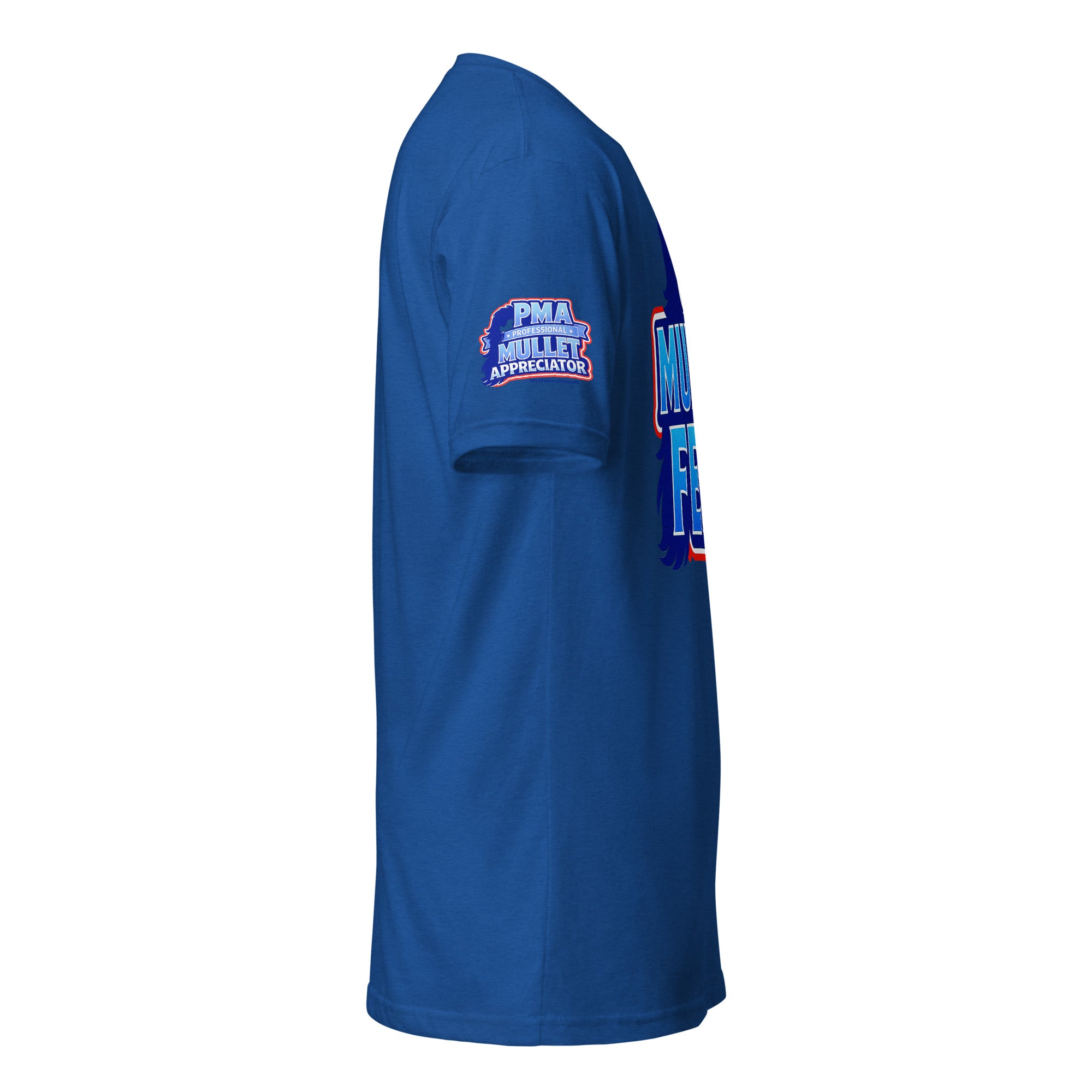 Product mockup of the mullet fest t-shirt on the right sleeve where it says PMA professional mullet appreciator