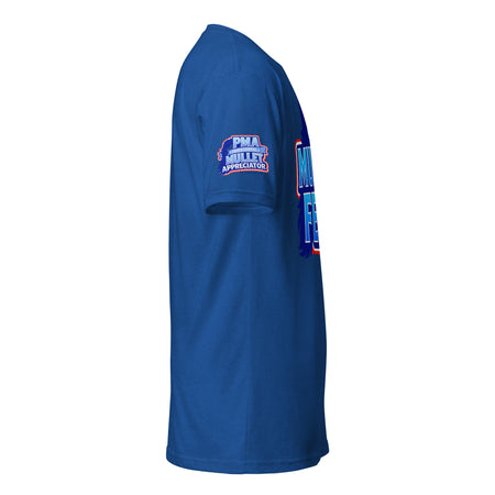 Product mockup of the mullet fest t-shirt on the right sleeve where it says PMA professional mullet appreciator