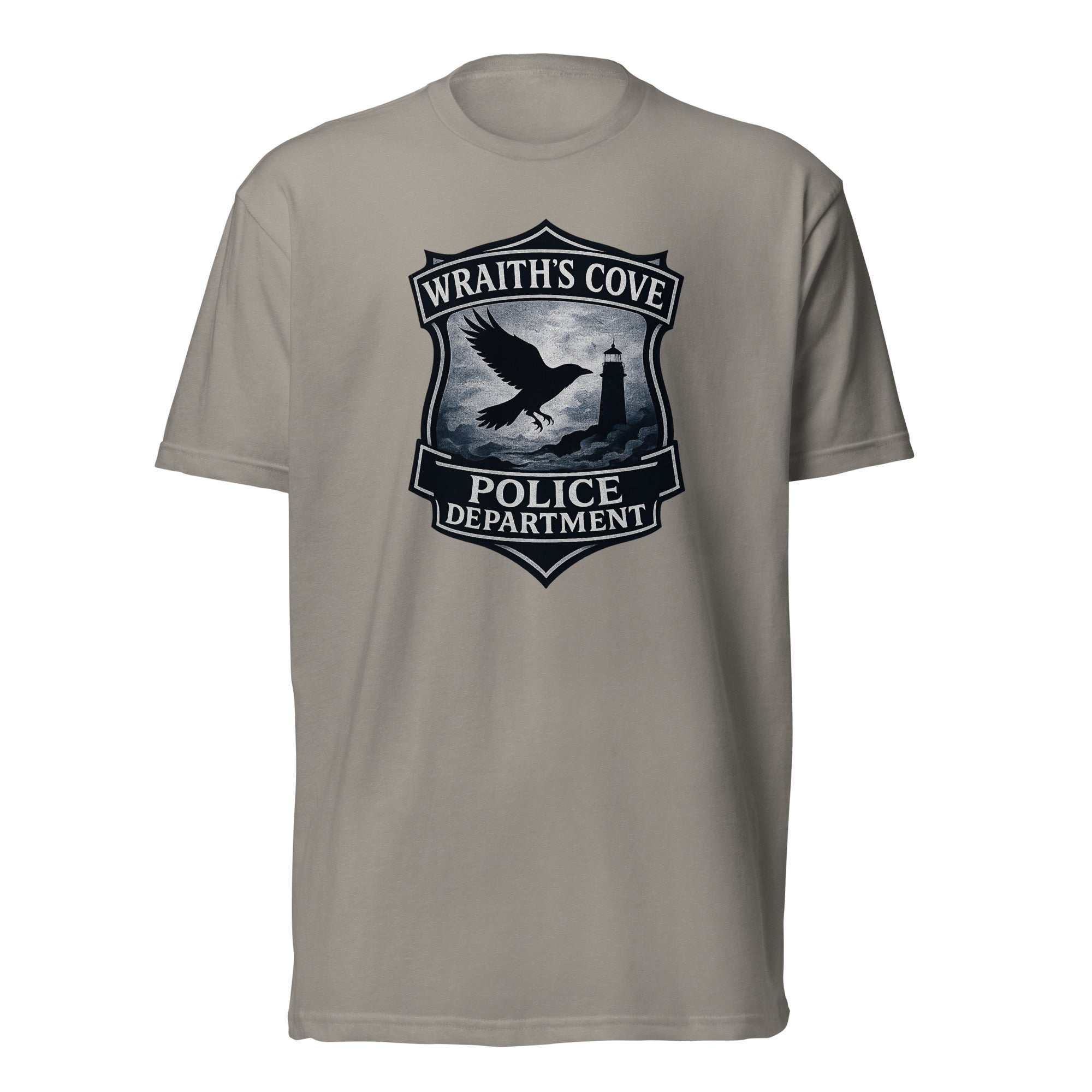 Poe's Raven Party murder mystery party game graphic tee of Wraith's Cove police department.