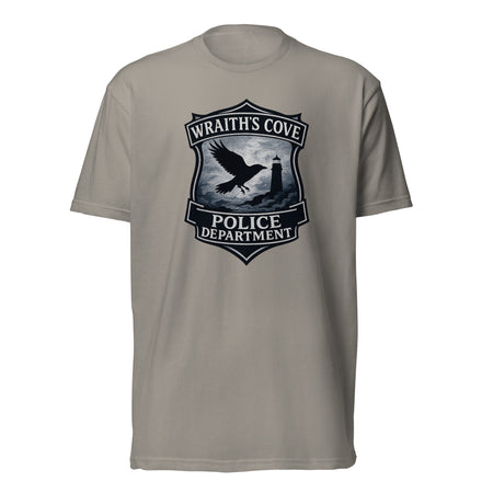 Poe's Raven Party murder mystery party game graphic tee of Wraith's Cove police department.
