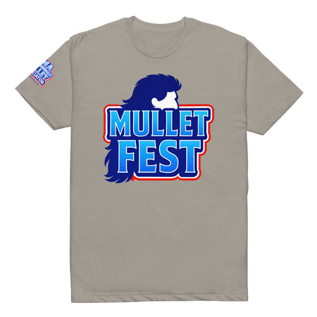 Product mockup of the mullet fest t-shirt with a mullet fest graphic on the front