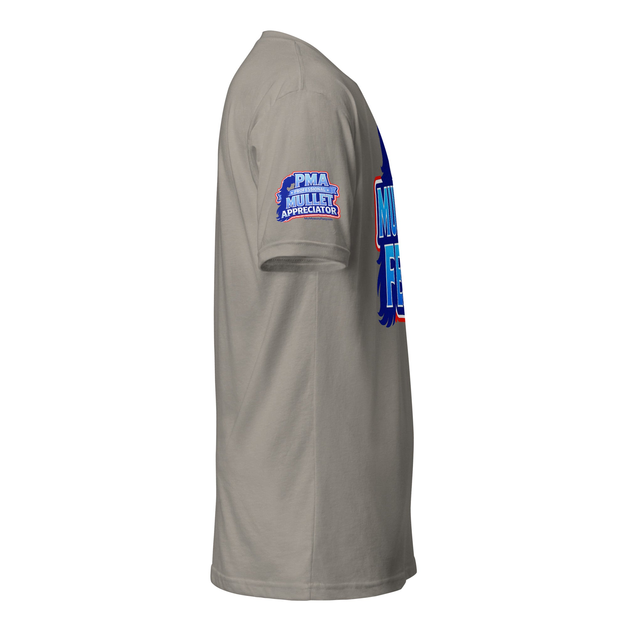 Product mockup of the mullet fest t-shirt on the right sleeve where it says PMA professional mullet appreciator