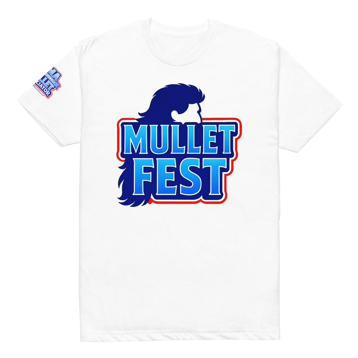 Product mockup of the mullet fest t-shirt with a mullet fest graphic on the front