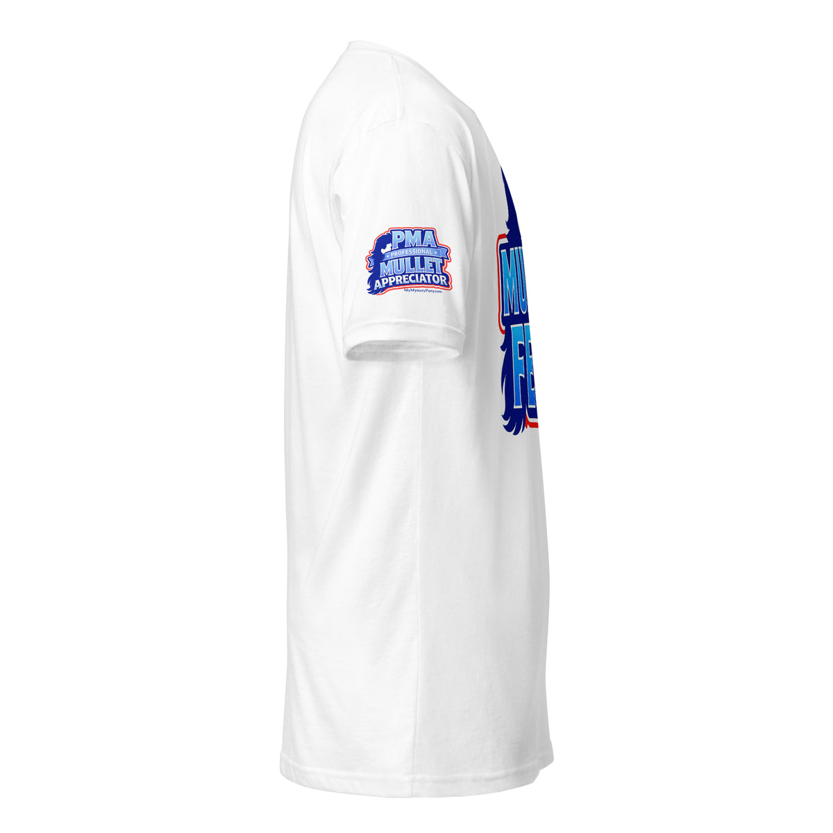 Product mockup of the mullet fest t-shirt on the right sleeve where it says PMA professional mullet appreciator