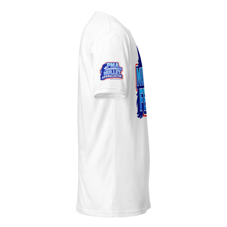 Product mockup of the mullet fest t-shirt on the right sleeve where it says PMA professional mullet appreciator