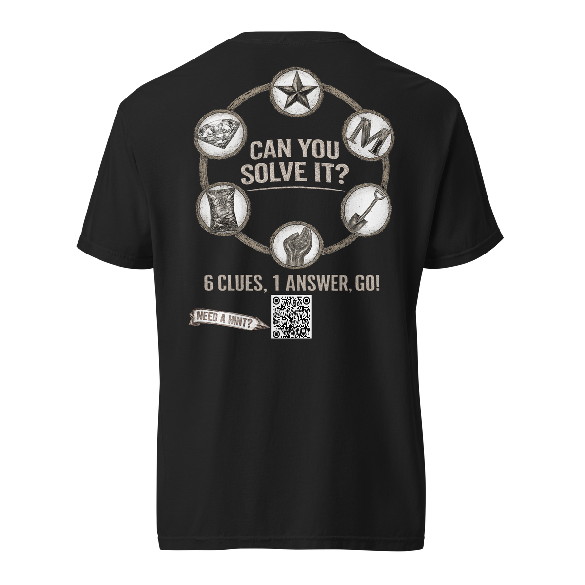 A mystery challenge on the back of a black shirt