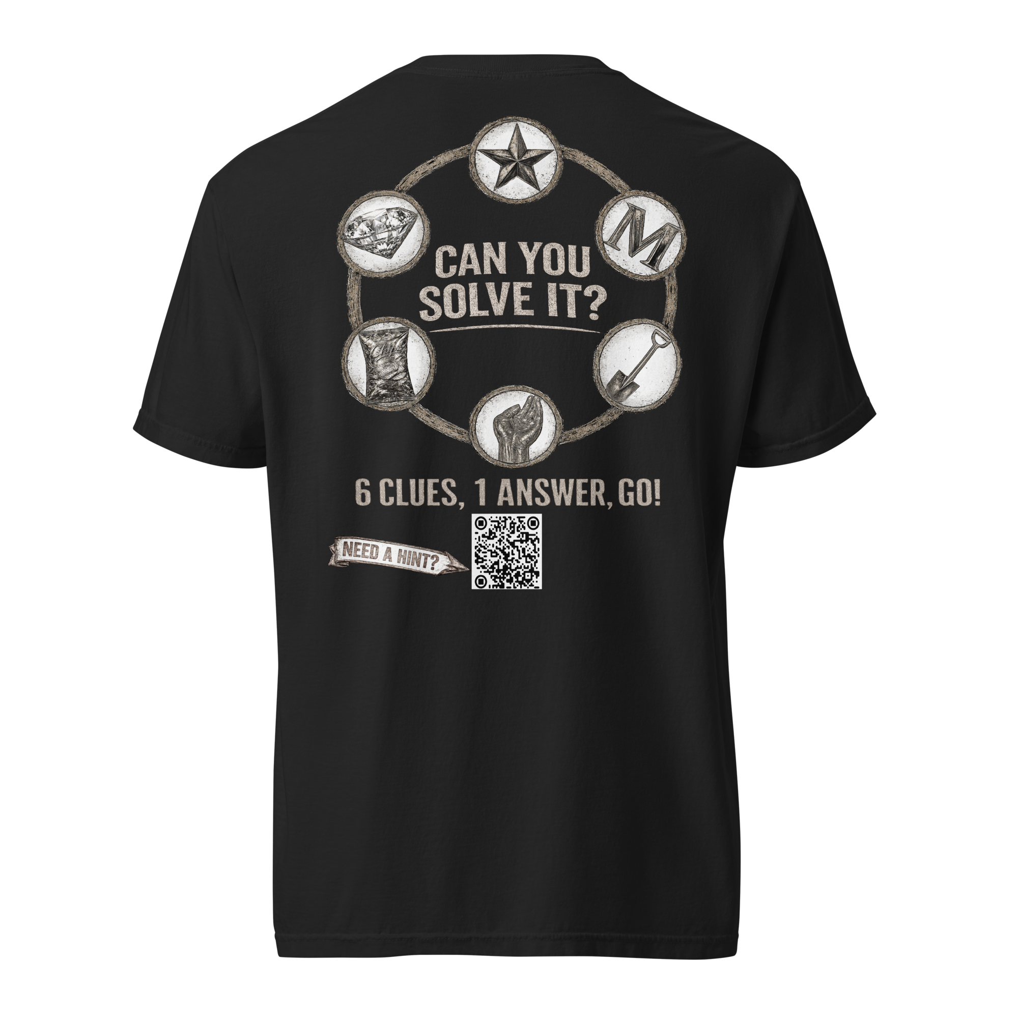 A mystery challenge on the back of a black shirt