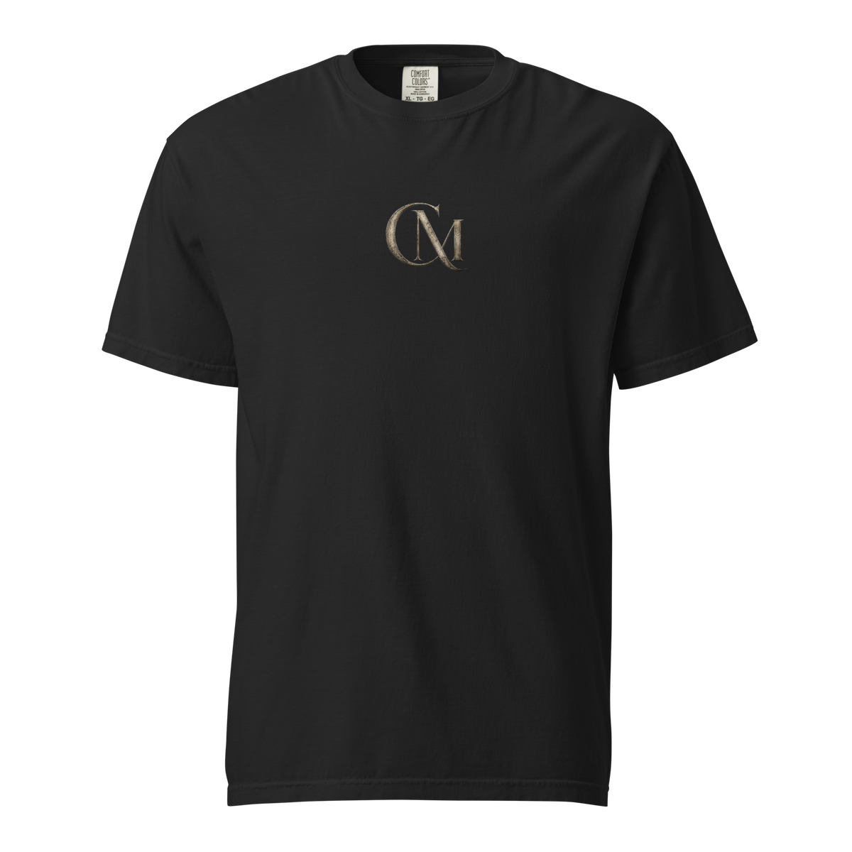 Product mockup of a black tee with CM logo on it for Charming Mystery Games
